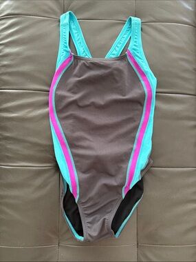 Speedo Gray One-Piece Swimsuit with Teal and Magenta Accents